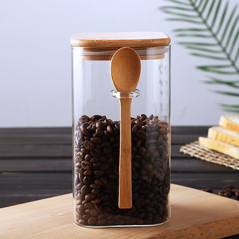 Japanese Style Square Glass Sealed Storage Jar with Wooden Spoon Seasoning Box Coffee Bean Cans Household Milk Powder Tea Cans