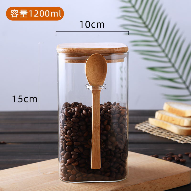Japanese Style Square Glass Sealed Storage Jar with Wooden Spoon Seasoning Box Coffee Bean Cans Household Milk Powder Tea Cans