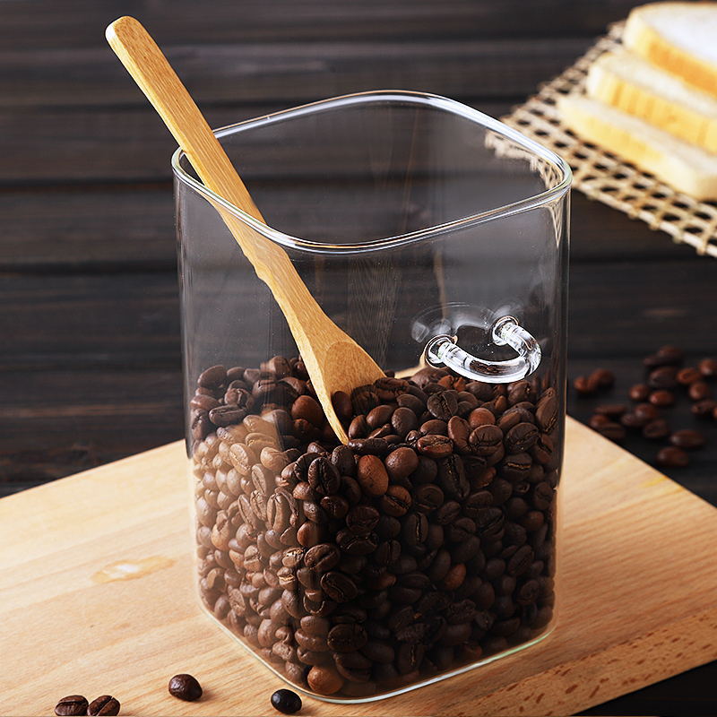 Japanese Style Square Glass Sealed Storage Jar with Wooden Spoon Seasoning Box Coffee Bean Cans Household Milk Powder Tea Cans