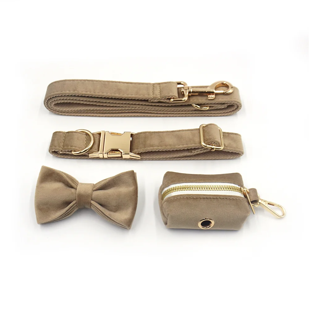 Light Coffee Velvet Harness for Dogs Personalized Mini Size Collar for Cat Tiny Dogs Soft Adjustable Bowtie Collar and Leash Set