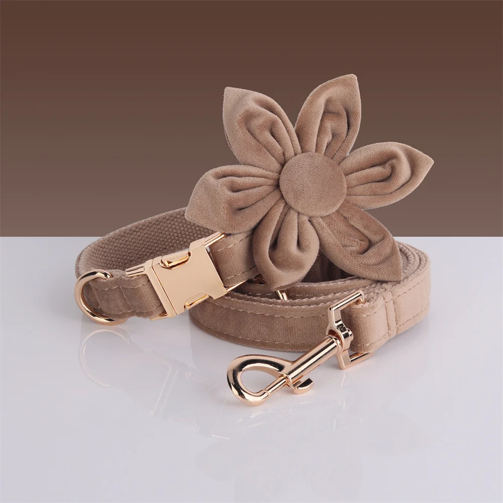 Light Coffee Velvet Harness for Dogs Personalized Mini Size Collar for Cat Tiny Dogs Soft Adjustable Bowtie Collar and Leash Set