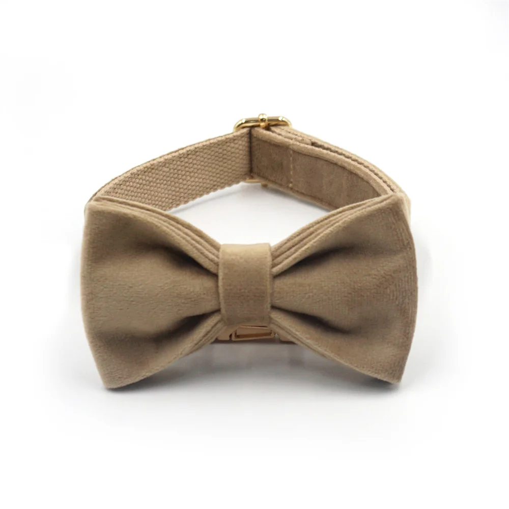 Light Coffee Velvet Harness for Dogs Personalized Mini Size Collar for Cat Tiny Dogs Soft Adjustable Bowtie Collar and Leash Set