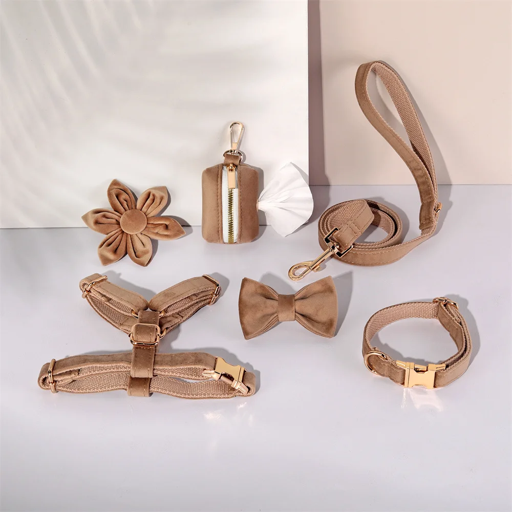 Light Coffee Velvet Harness for Dogs Personalized Mini Size Collar for Cat Tiny Dogs Soft Adjustable Bowtie Collar and Leash Set