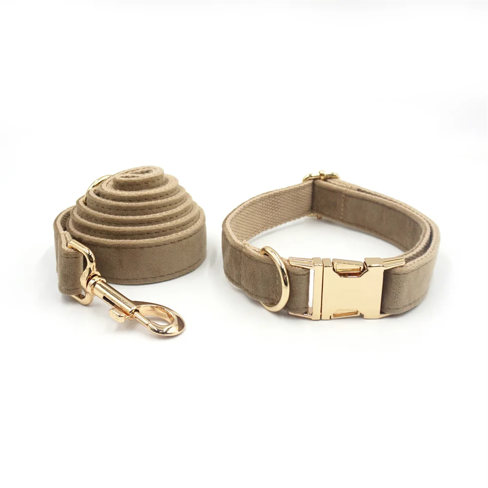 Light Coffee Velvet Harness for Dogs Personalized Mini Size Collar for Cat Tiny Dogs Soft Adjustable Bowtie Collar and Leash Set