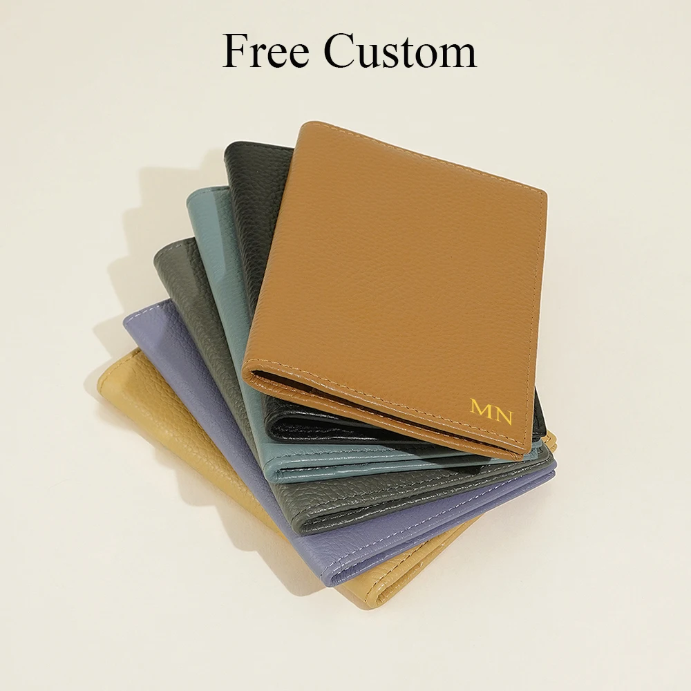 100% Cowhide Passport Holder Factory Genuine Leather Engrave Letters Men Women Passport Cover Customized Name Travel Card Wallet
