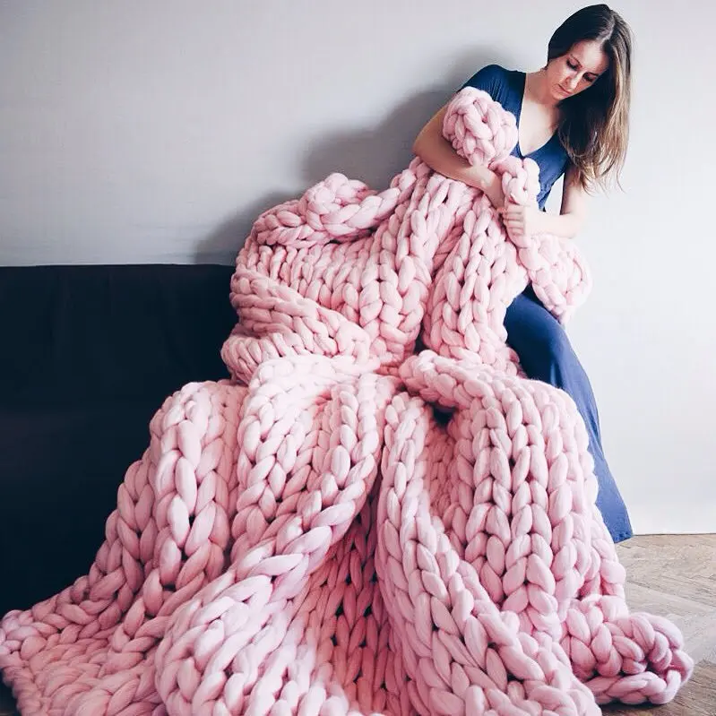 Handmade Chunky Knit Blanket Large Thick Wool Bulky Knitting Throw for Bedroom Decor Pet Bed Chair Mat Rug Grey