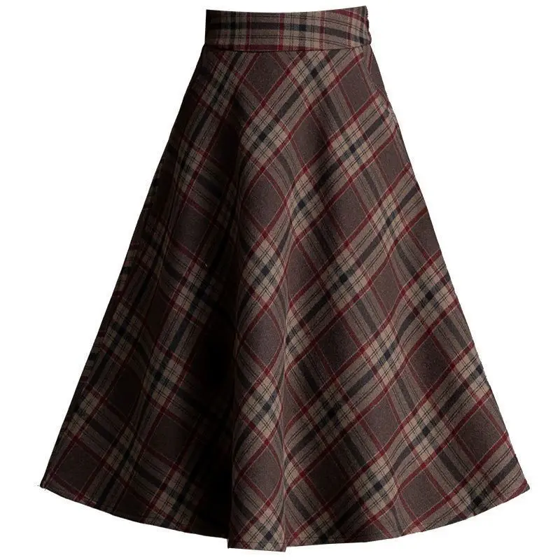 Thick High Waist Plaid A-line Skirt Winter New All-match Elastic Waist Skirt Women Clothing Vintage Pleated Pleated Skirt Ladies