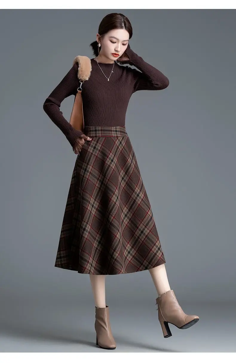 Thick High Waist Plaid A-line Skirt Winter New All-match Elastic Waist Skirt Women Clothing Vintage Pleated Pleated Skirt Ladies