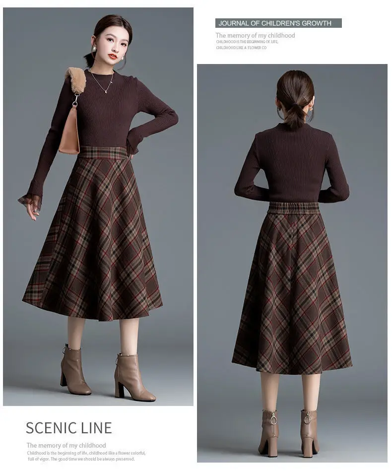 Thick High Waist Plaid A-line Skirt Winter New All-match Elastic Waist Skirt Women Clothing Vintage Pleated Pleated Skirt Ladies