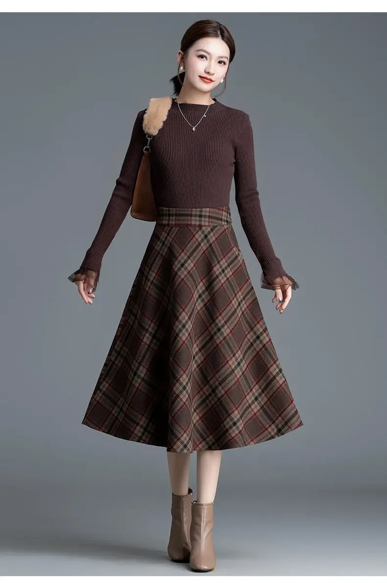 Thick High Waist Plaid A-line Skirt Winter New All-match Elastic Waist Skirt Women Clothing Vintage Pleated Pleated Skirt Ladies