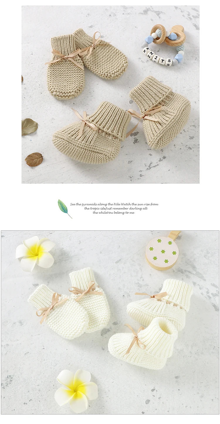 Baby Shoes + Gloves Set Knit Newborn Girls Boys Boots Mitten Fashion Butterfly-knot Toddler Infant Slip-On Bed Shoes Hand Made