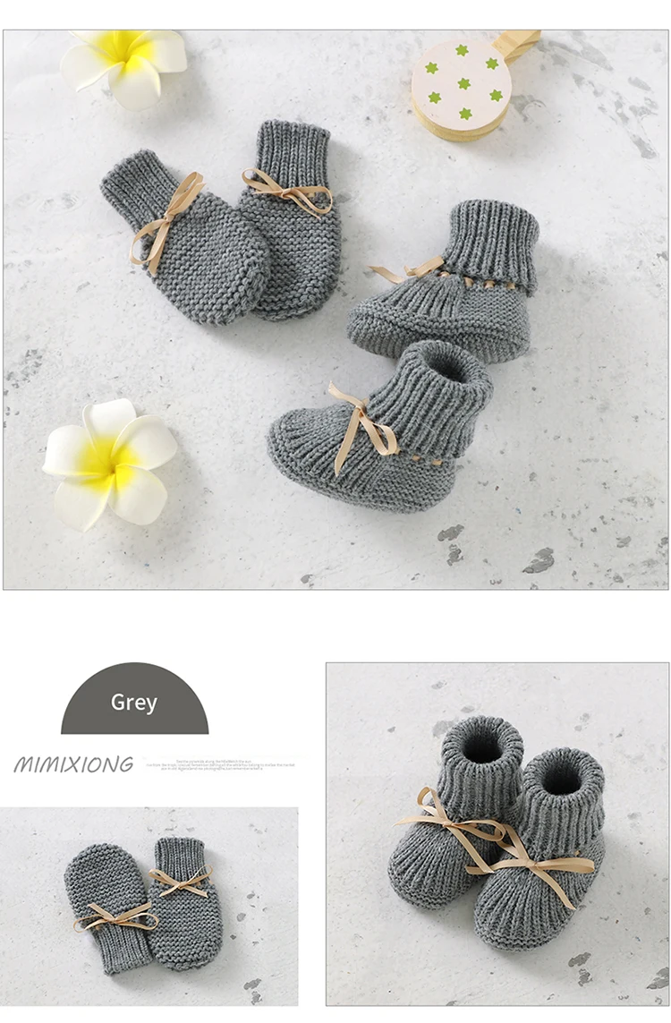 Baby Shoes + Gloves Set Knit Newborn Girls Boys Boots Mitten Fashion Butterfly-knot Toddler Infant Slip-On Bed Shoes Hand Made