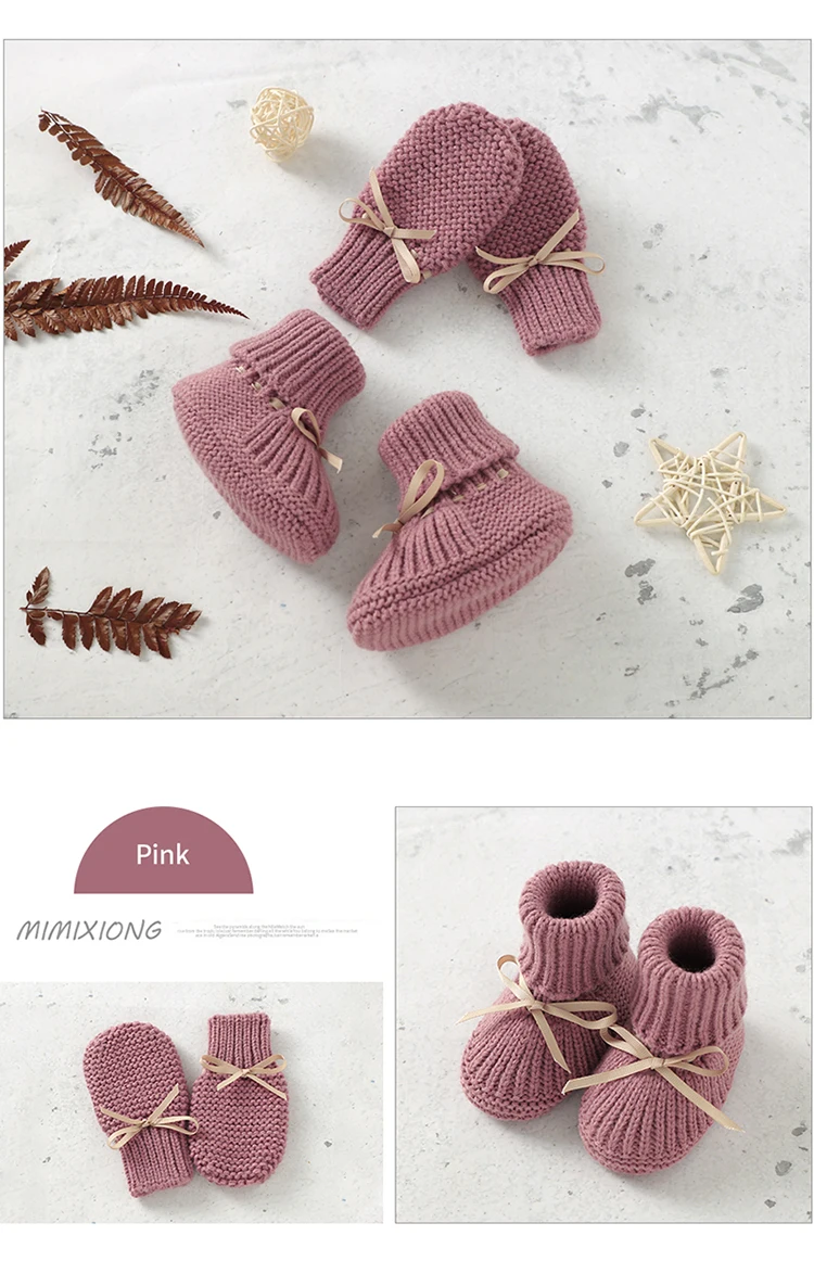 Baby Shoes + Gloves Set Knit Newborn Girls Boys Boots Mitten Fashion Butterfly-knot Toddler Infant Slip-On Bed Shoes Hand Made