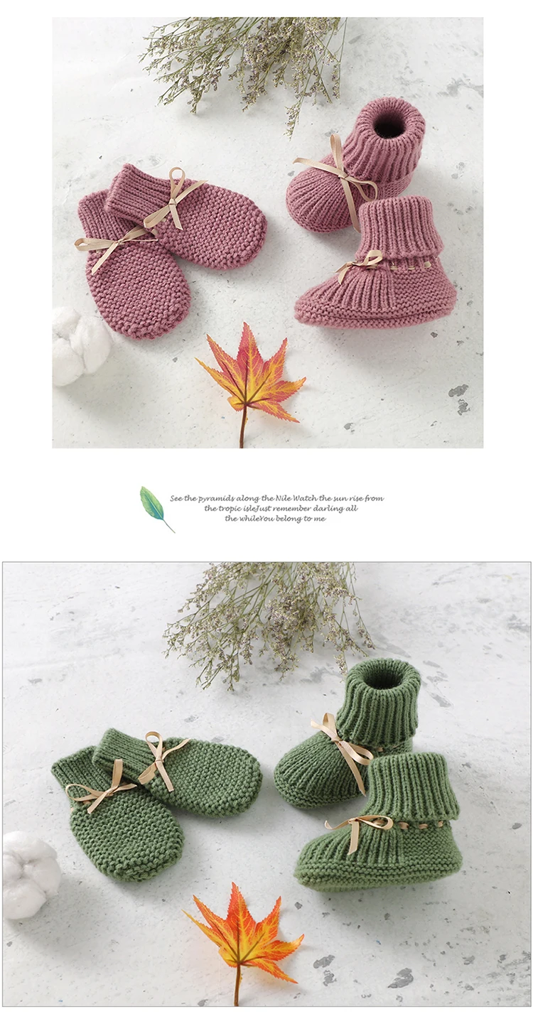 Baby Shoes + Gloves Set Knit Newborn Girls Boys Boots Mitten Fashion Butterfly-knot Toddler Infant Slip-On Bed Shoes Hand Made
