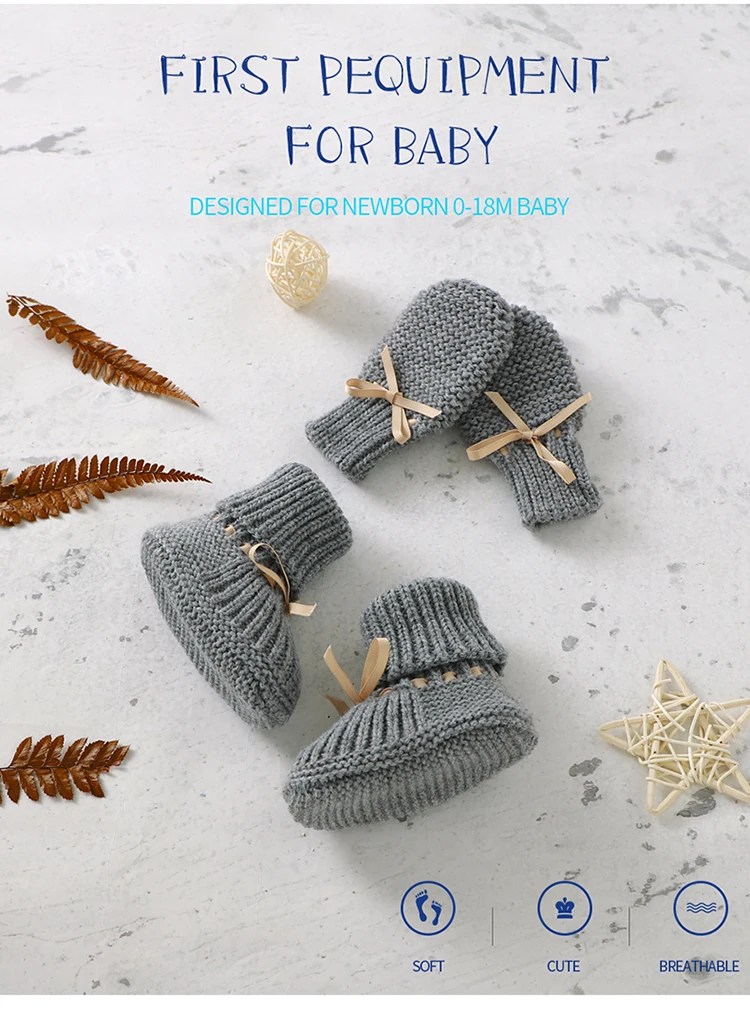 Baby Shoes + Gloves Set Knit Newborn Girls Boys Boots Mitten Fashion Butterfly-knot Toddler Infant Slip-On Bed Shoes Hand Made
