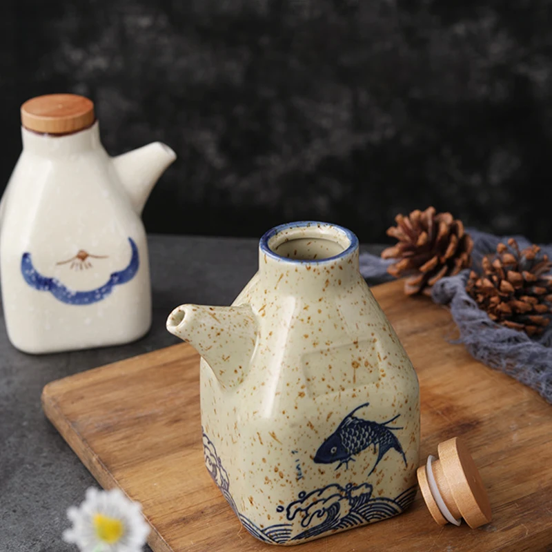 350ML Japanese Style Ceramic Oil Olive Dispenser Soy Sauce Pot Small Vinegar Pot Sauce Jar Oil Bottle Tableware Seasoning Bottle