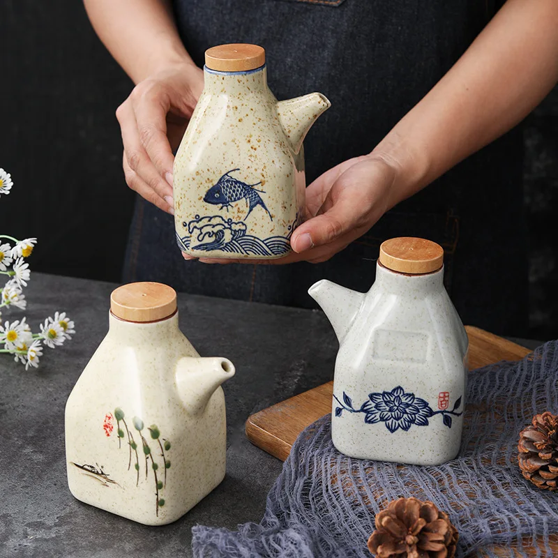 350ML Japanese Style Ceramic Oil Olive Dispenser Soy Sauce Pot Small Vinegar Pot Sauce Jar Oil Bottle Tableware Seasoning Bottle