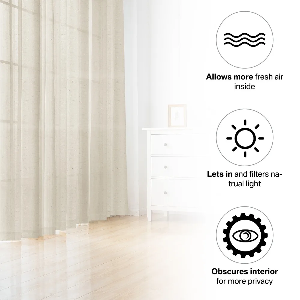 Natural Linen Voile Curtain 132CM Drop Net Curtains Light Filtering Window Sheer Shades Sheer Curtains for Bedroom Living Room