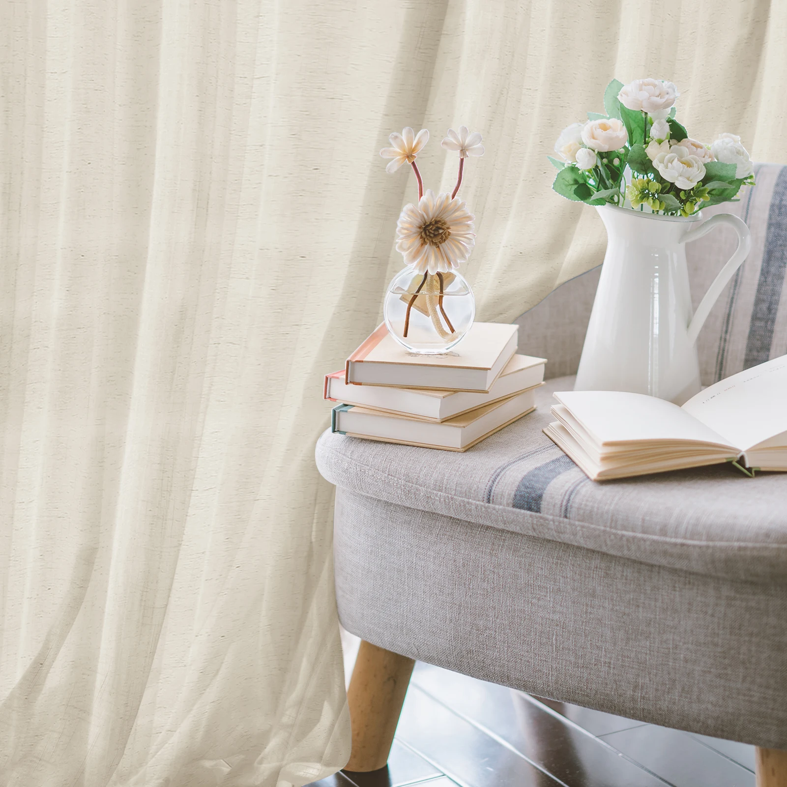 Natural Linen Voile Curtain 132CM Drop Net Curtains Light Filtering Window Sheer Shades Sheer Curtains for Bedroom Living Room