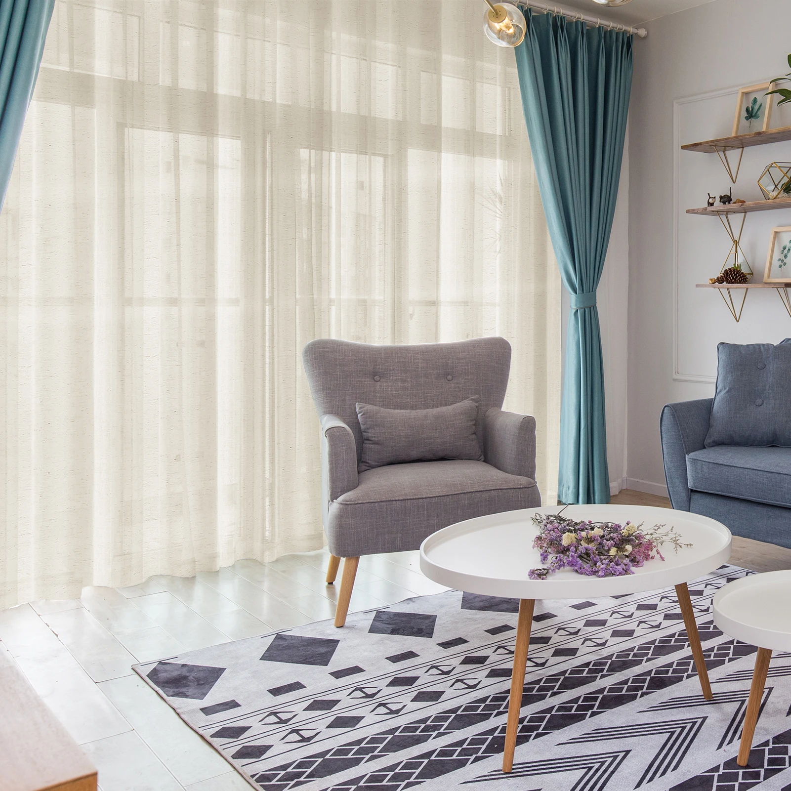 Natural Linen Voile Curtain 132CM Drop Net Curtains Light Filtering Window Sheer Shades Sheer Curtains for Bedroom Living Room