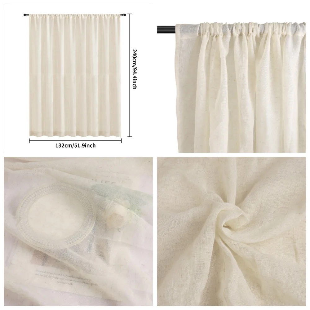 Natural Linen Voile Curtain 132CM Drop Net Curtains Light Filtering Window Sheer Shades Sheer Curtains for Bedroom Living Room