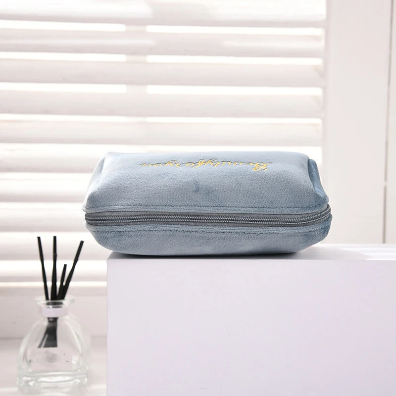 Women's Cosmetic Bag Zipper Velvet Letter Embroidery Solid Make Up Pouch for Cosmetics Toiletry Case Female Make Up Bags