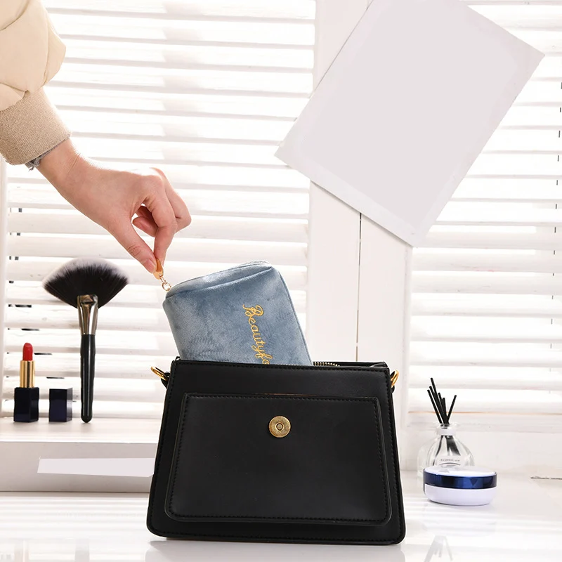 Women's Cosmetic Bag Zipper Velvet Letter Embroidery Solid Make Up Pouch for Cosmetics Toiletry Case Female Make Up Bags