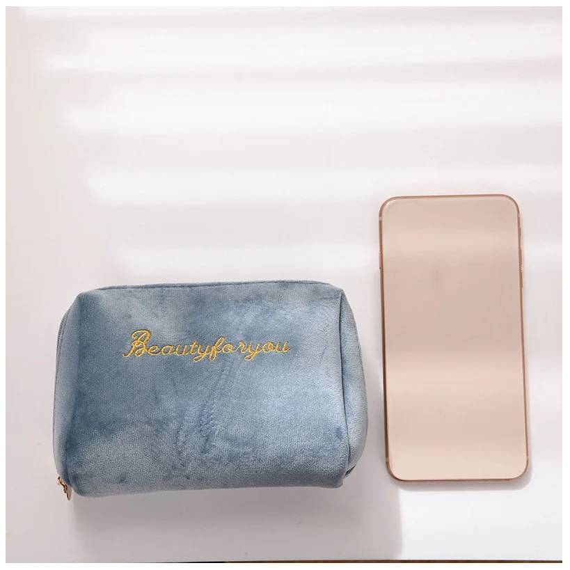 Women's Cosmetic Bag Zipper Velvet Letter Embroidery Solid Make Up Pouch for Cosmetics Toiletry Case Female Make Up Bags