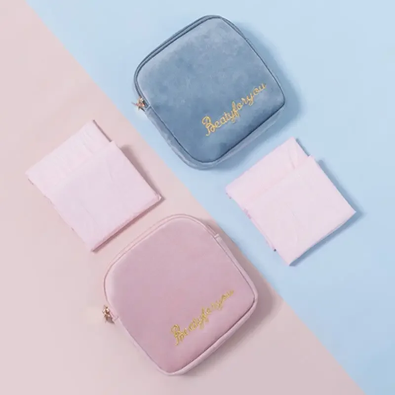Women's Cosmetic Bag Zipper Velvet Letter Embroidery Solid Make Up Pouch for Cosmetics Toiletry Case Female Make Up Bags