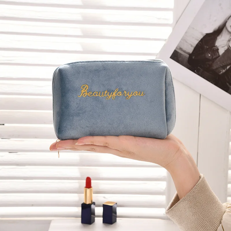 Women's Cosmetic Bag Zipper Velvet Letter Embroidery Solid Make Up Pouch for Cosmetics Toiletry Case Female Make Up Bags