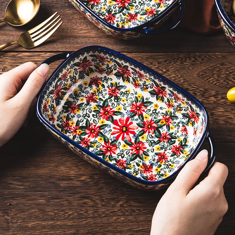 Hand-painted Relief Floral Ceramic Double Ear Baking Tray, Circular, Handle Bowl, Tableware, Fruit Salad Bowl, Kitchenware