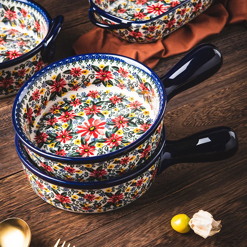Hand-painted Relief Floral Ceramic Double Ear Baking Tray, Circular, Handle Bowl, Tableware, Fruit Salad Bowl, Kitchenware