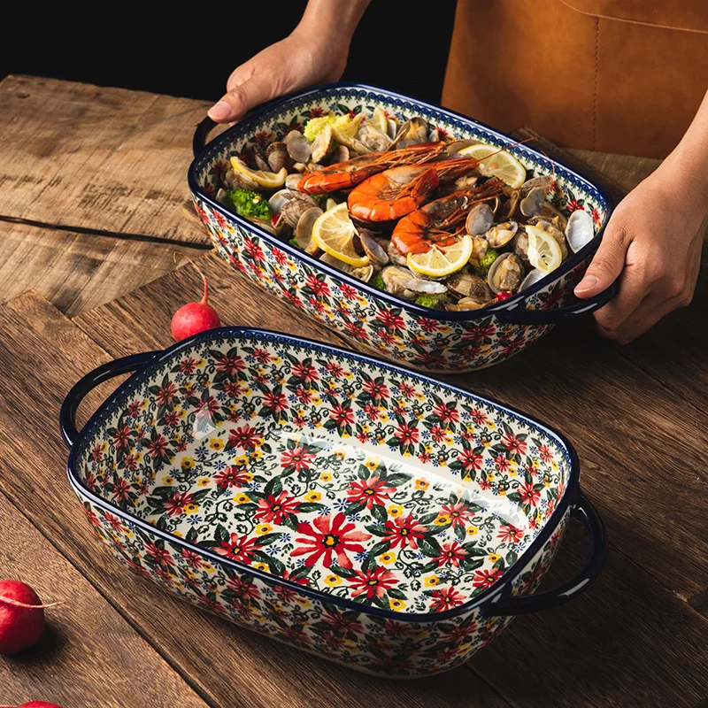 Hand-painted Relief Floral Ceramic Double Ear Baking Tray, Circular, Handle Bowl, Tableware, Fruit Salad Bowl, Kitchenware