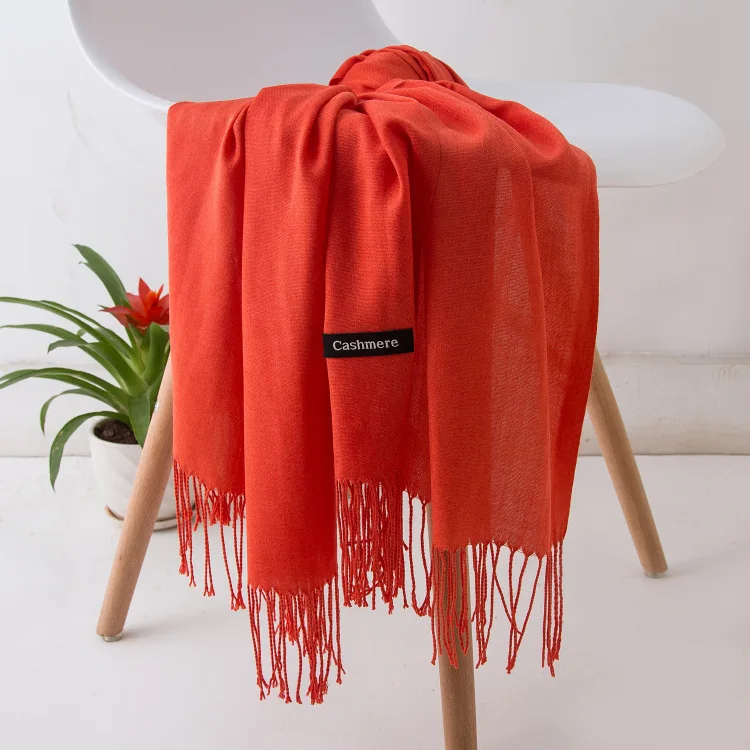 2024 Fashion Solid Color Women Thin Tassel Long Scarf Hijabs Lady Shawls Cashmere Like Pashmina Hijabs Scarves Wraps