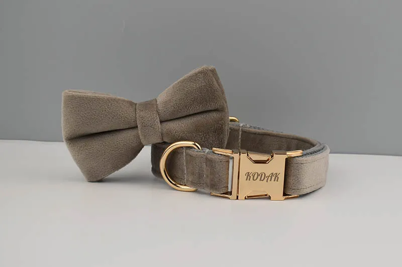 Light Grey Velvet Dog Collar And Leash Set with Custom Engraved Nameplate Pet Supplies for Dogs Soft 12-Length Leash