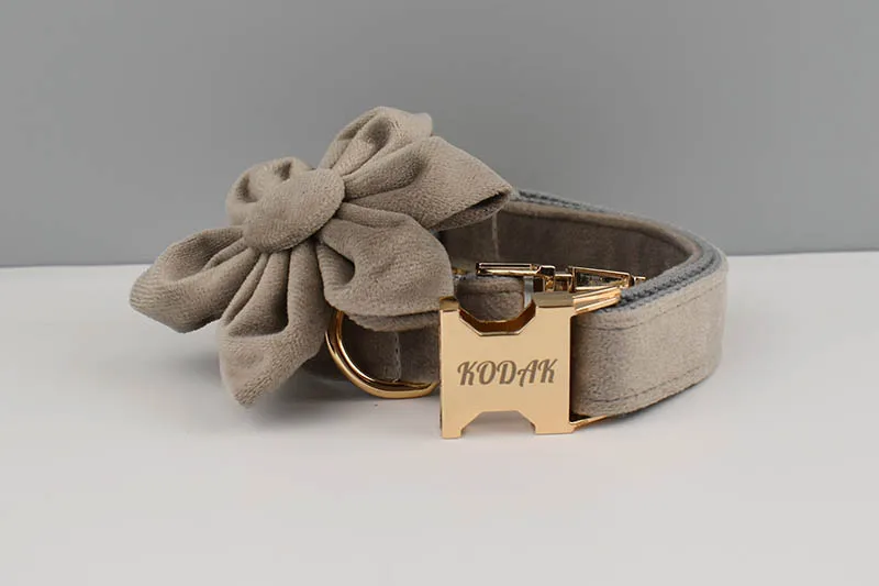 Light Grey Velvet Dog Collar And Leash Set with Custom Engraved Nameplate Pet Supplies for Dogs Soft 12-Length Leash