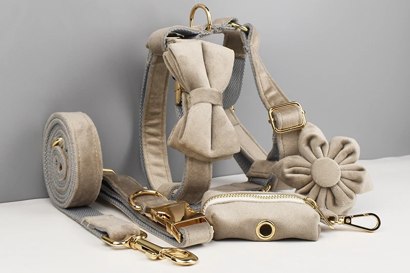 Light Grey Velvet Dog Collar And Leash Set with Custom Engraved Nameplate Pet Supplies for Dogs Soft 12-Length Leash