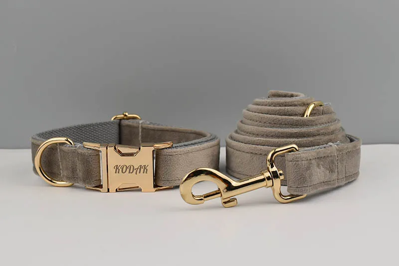 Light Grey Velvet Dog Collar And Leash Set with Custom Engraved Nameplate Pet Supplies for Dogs Soft 12-Length Leash