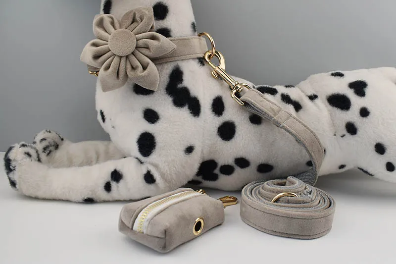 Light Grey Velvet Dog Collar And Leash Set with Custom Engraved Nameplate Pet Supplies for Dogs Soft 12-Length Leash