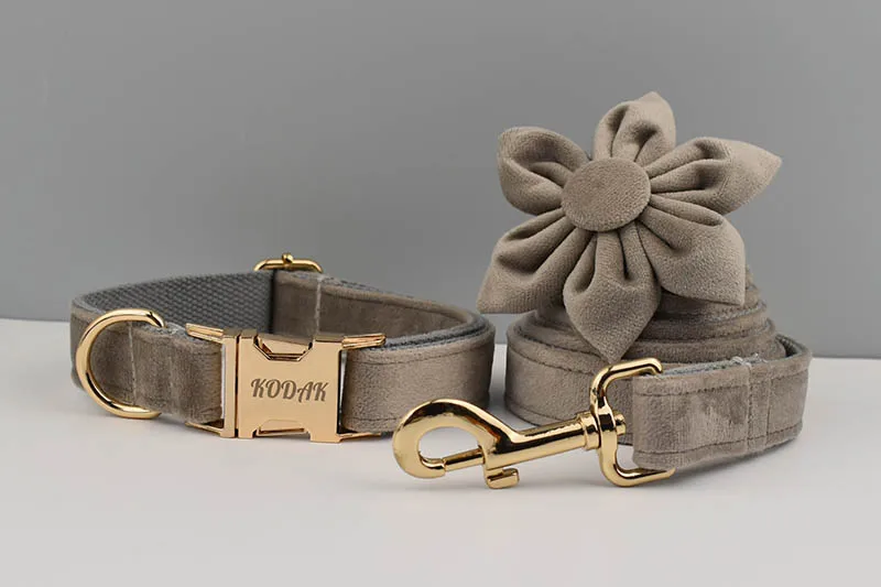 Light Grey Velvet Dog Collar And Leash Set with Custom Engraved Nameplate Pet Supplies for Dogs Soft 12-Length Leash