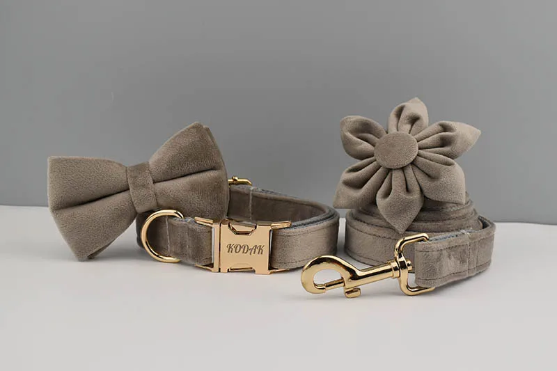 Light Grey Velvet Dog Collar And Leash Set with Custom Engraved Nameplate Pet Supplies for Dogs Soft 12-Length Leash