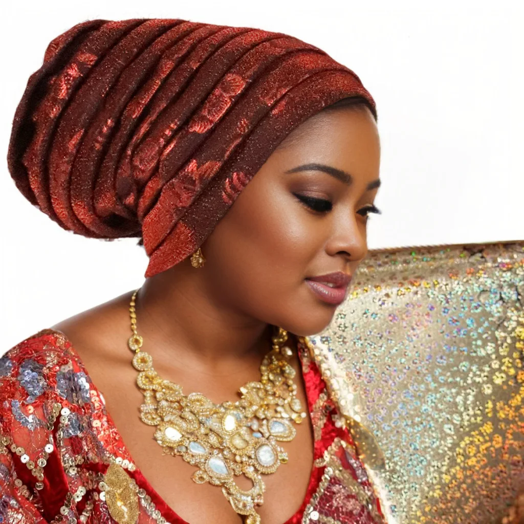 Muslim Headscarf Hat Turbante Mujer African Headpiece Glitter Full Body Pleated Turban Cap for Women 2023 Lady Head Wraps