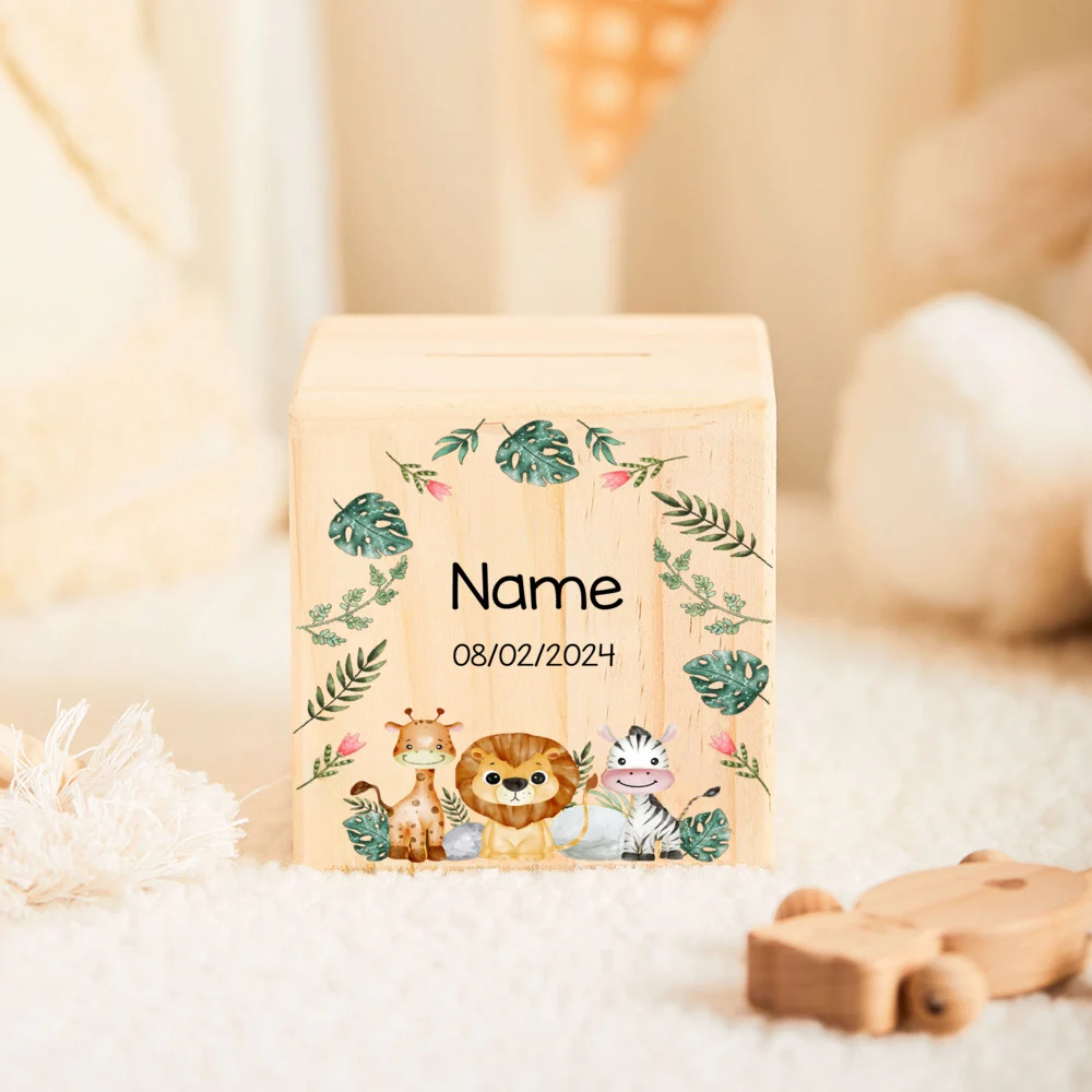 Personalized Wooden Money Box for Kid Jungle Animal Baby Money Box Delightful Gift for Birth Customized Piggy Bank Easter Gifts