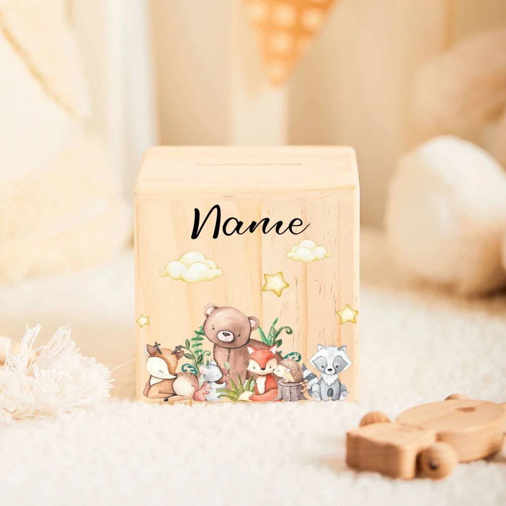 Personalized Wooden Money Box for Kid Jungle Animal Baby Money Box Delightful Gift for Birth Customized Piggy Bank Easter Gifts
