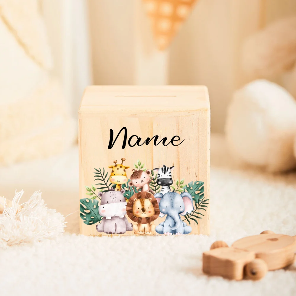 Personalized Wooden Money Box for Kid Jungle Animal Baby Money Box Delightful Gift for Birth Customized Piggy Bank Easter Gifts