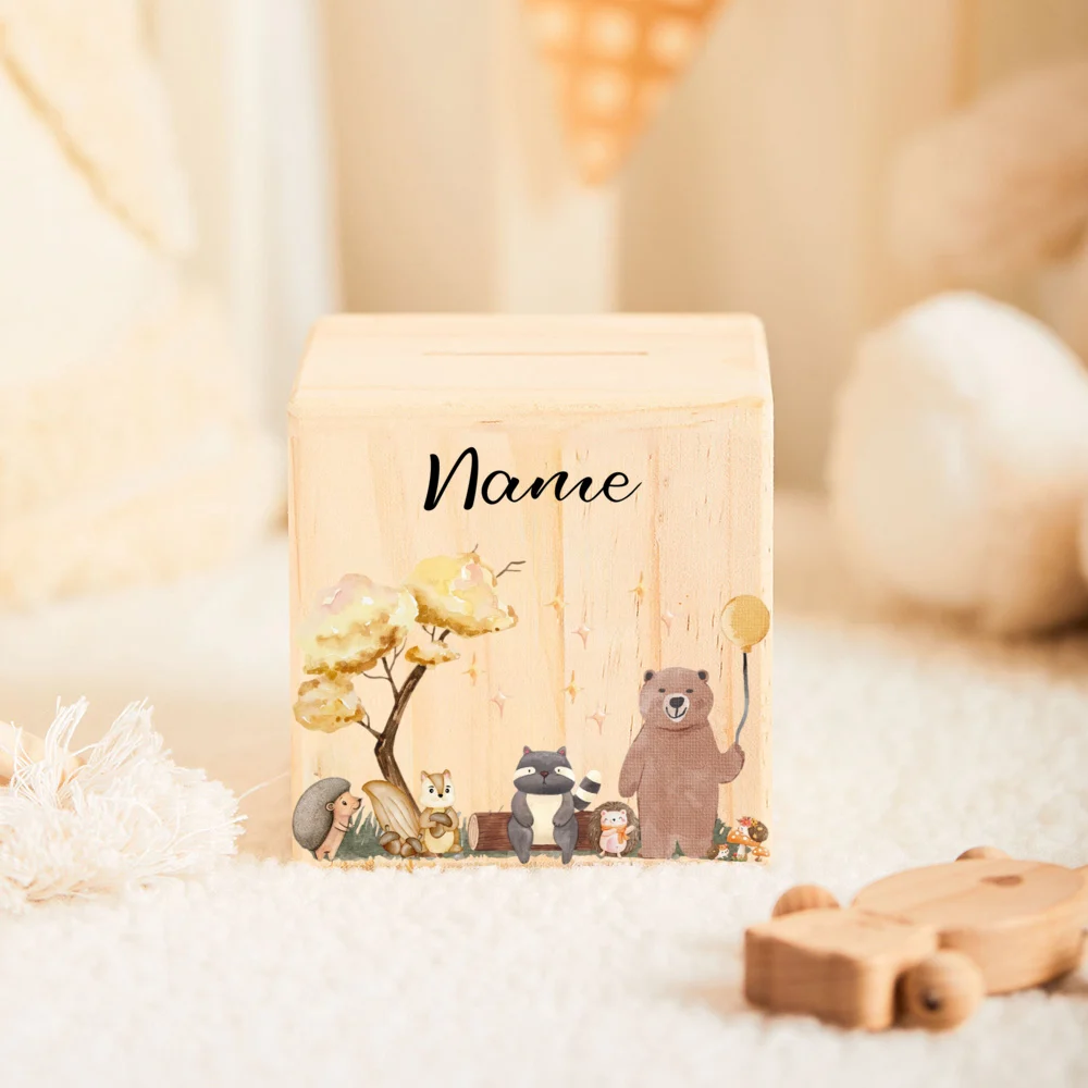 Personalized Wooden Money Box for Kid Jungle Animal Baby Money Box Delightful Gift for Birth Customized Piggy Bank Easter Gifts
