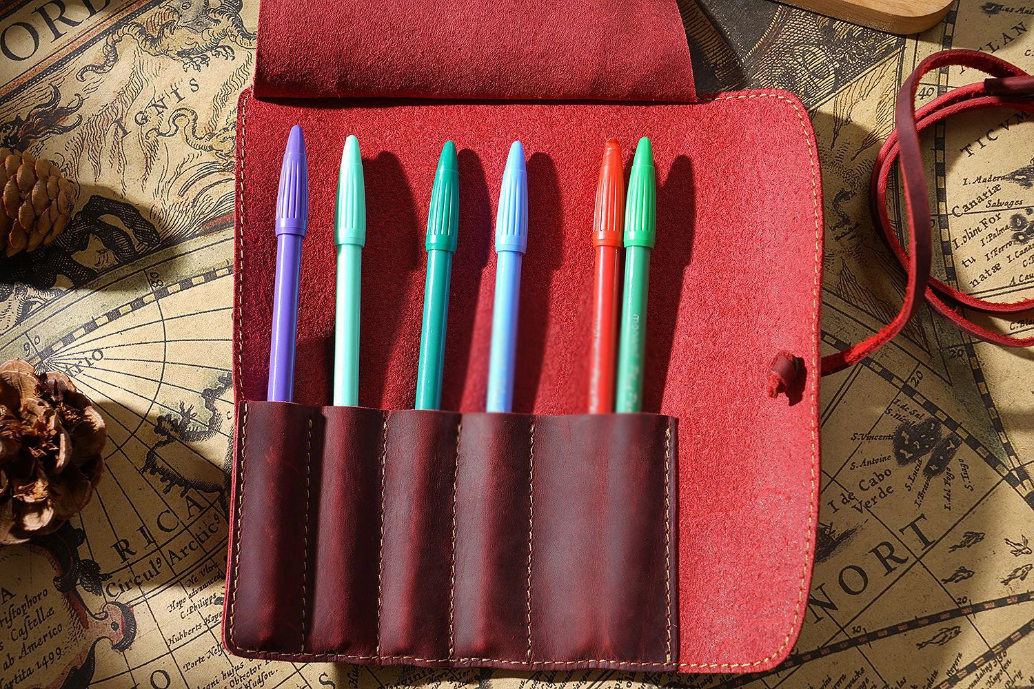 Retro Leather Pen Curtain Simple Pencil Case Roll Up Pen Curtain Makeup Brush Pouch Stationery Storage Bag School Office