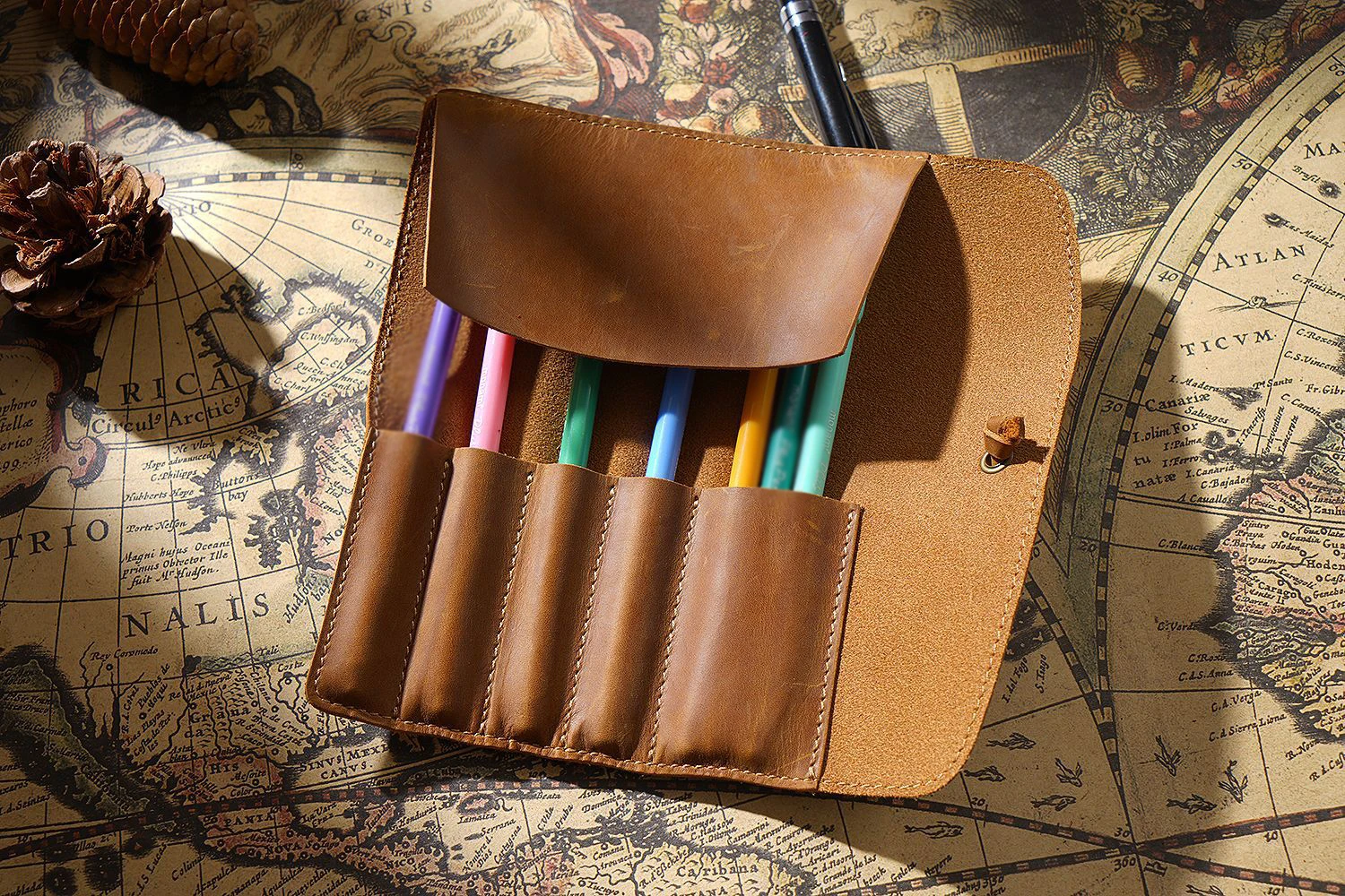 Retro Leather Pen Curtain Simple Pencil Case Roll Up Pen Curtain Makeup Brush Pouch Stationery Storage Bag School Office