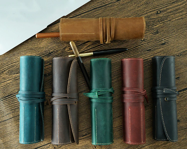 Retro Leather Pen Curtain Simple Pencil Case Roll Up Pen Curtain Makeup Brush Pouch Stationery Storage Bag School Office