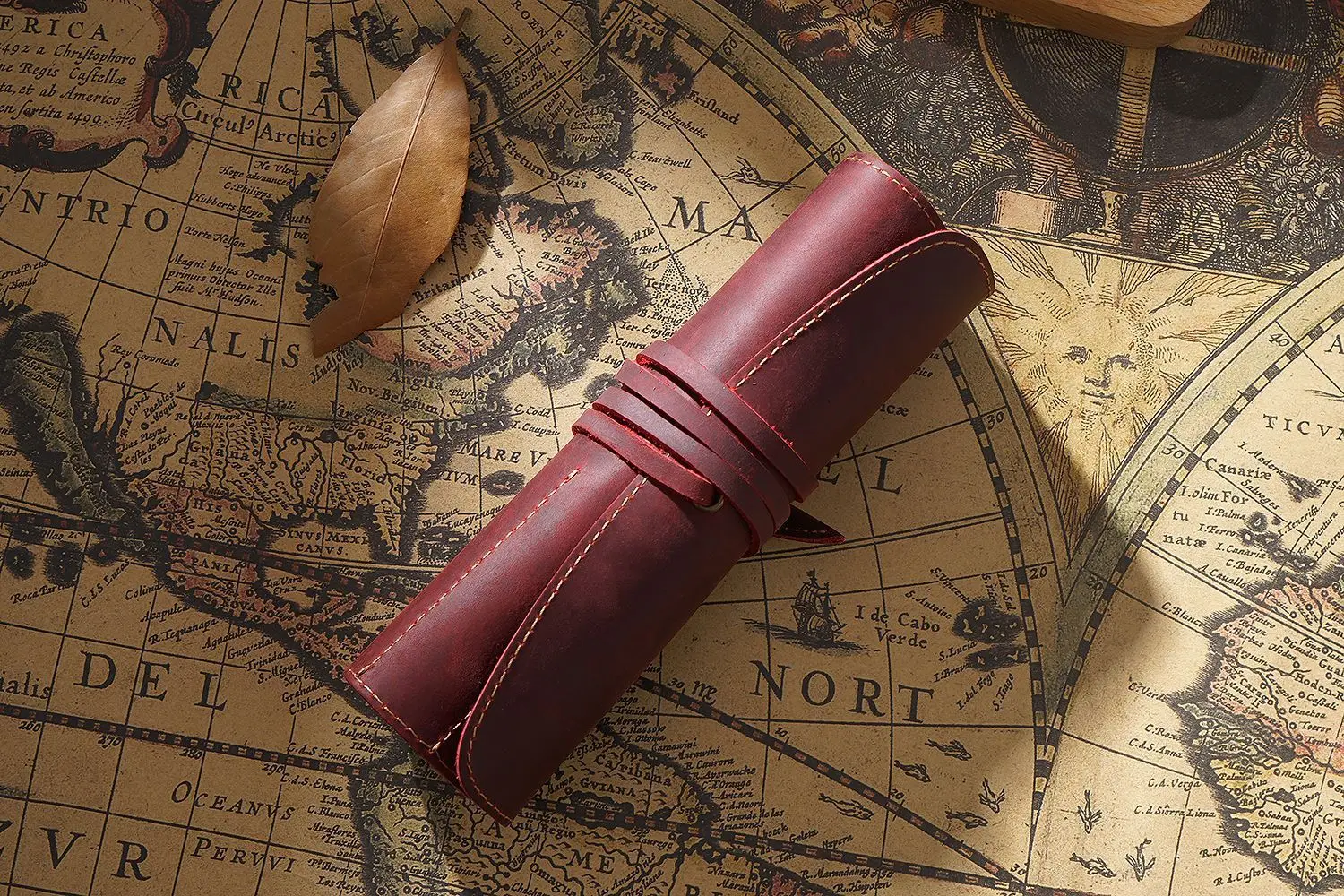 Retro Leather Pen Curtain Simple Pencil Case Roll Up Pen Curtain Makeup Brush Pouch Stationery Storage Bag School Office